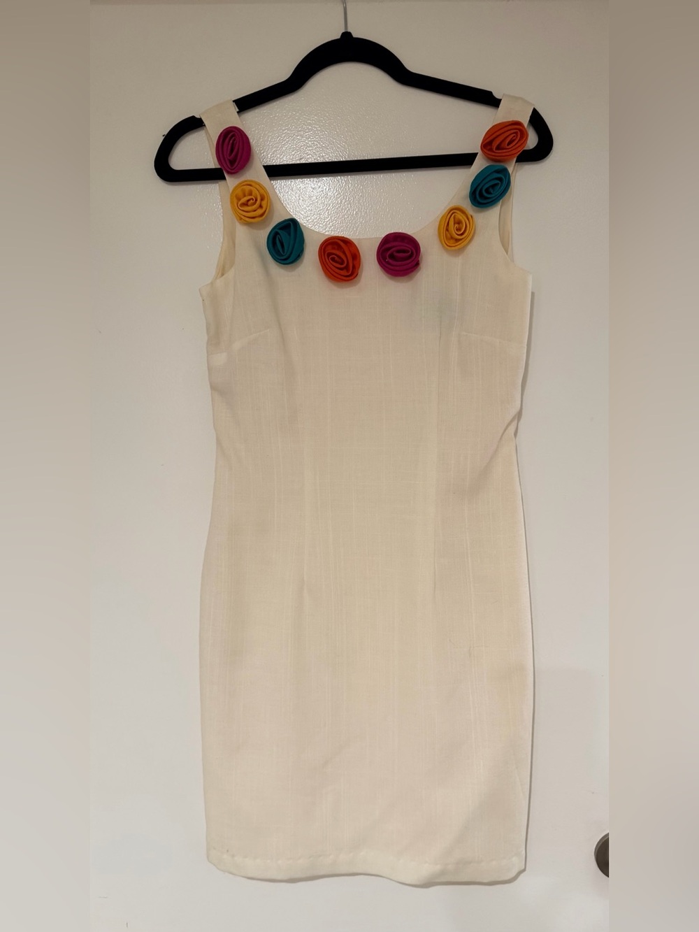Cream Sleeveless Shift Dress with Multicolor Rosette Trim